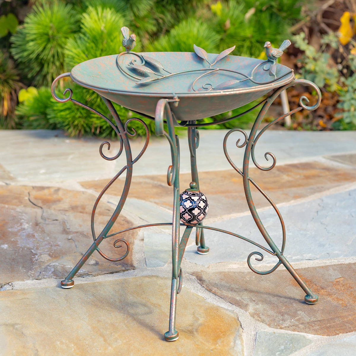 “Rome 1945” 23" Tall Iron Birdbath with Porcelain Accent: Cobalt Blue