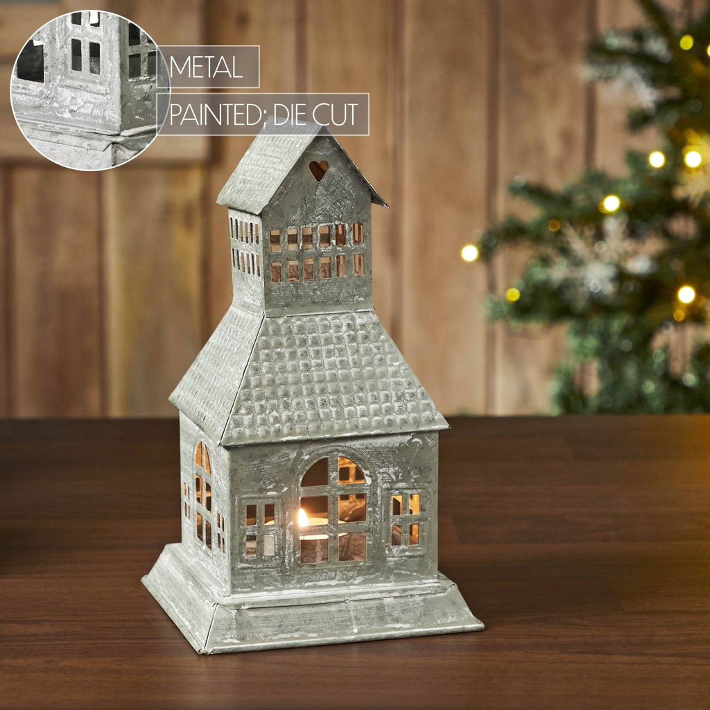 Metal Village House Tealight Holder Tall 9.5" Antique Grey