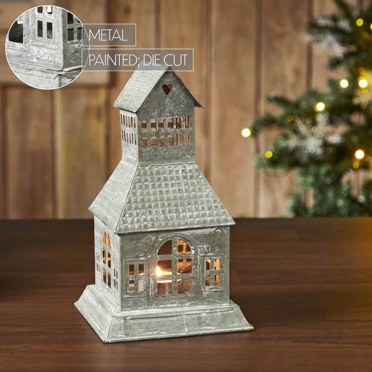 Metal Village House Tealight Holder Tall 9.5" Antique Grey