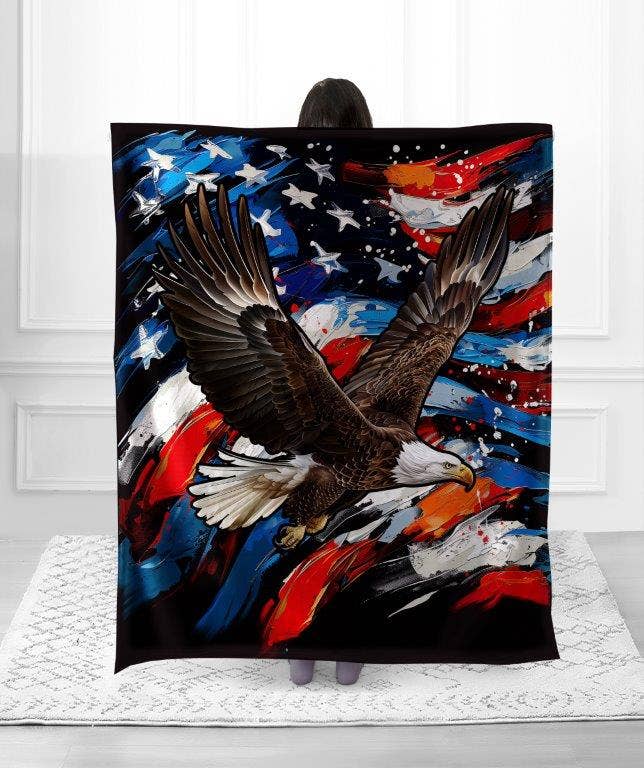 American Flag Patriotic Eagle Faux Fur Plush Throw Blanket