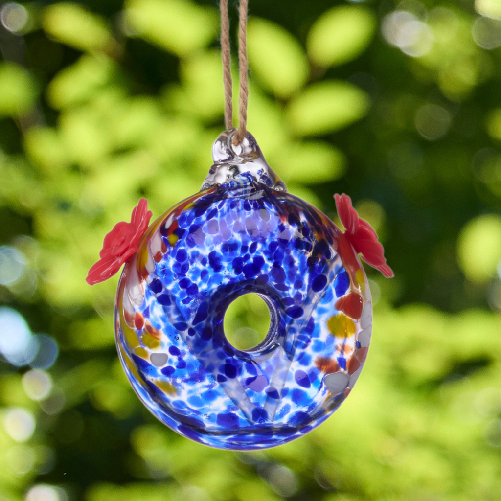 Round Blue Art Glass Double Hummingbird Feeder