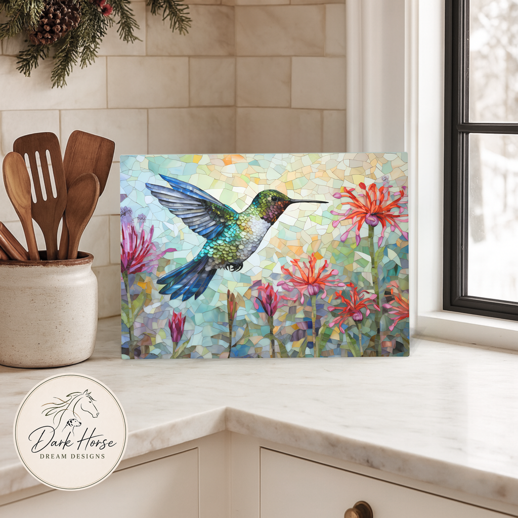 Watercolor Stained Glass Hummingbird - Glass Cutting Board