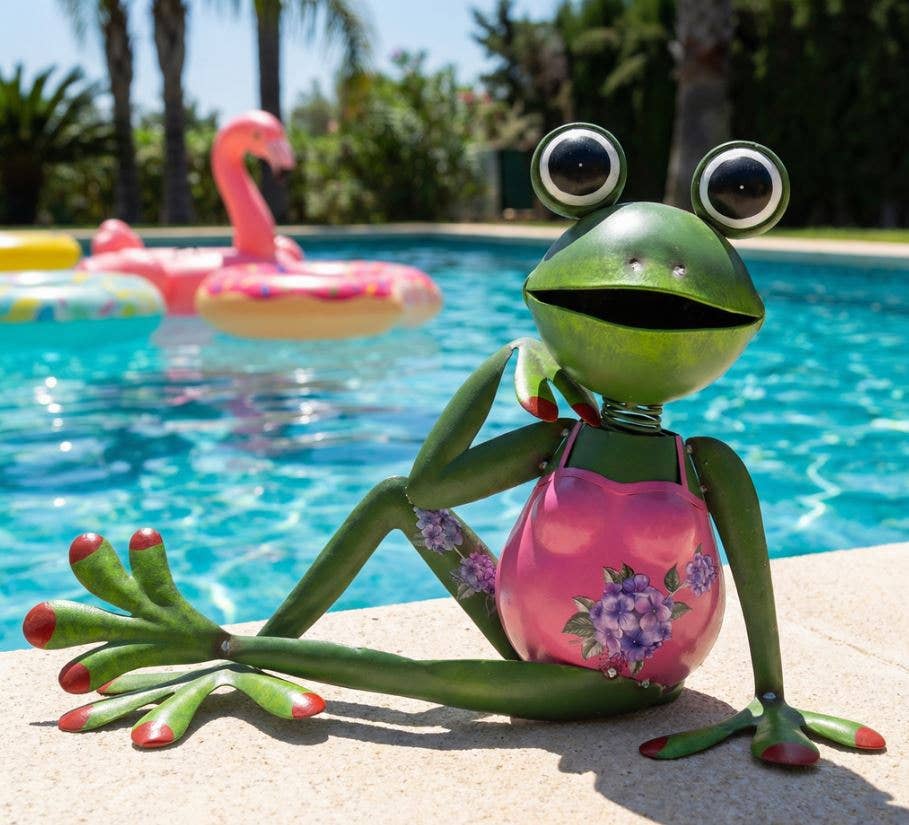 Outdoor Metal Frog Statue Wearing Pink Swimwear Lounging
