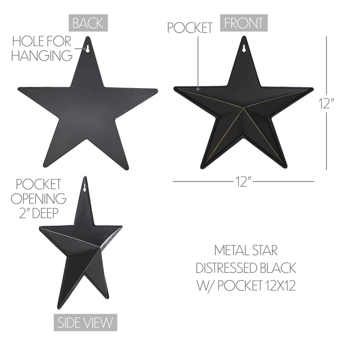 Metal Star w/ Pocket Black Distressed 12x12
