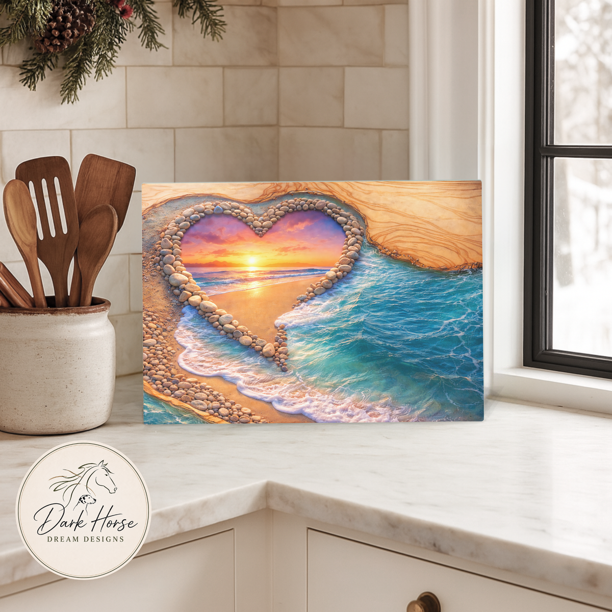 Artistic Beach Scene - Sand and Wood - Glass Cutting Board