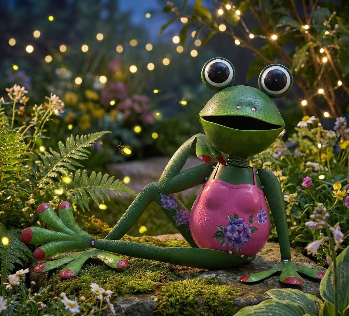 Outdoor Metal Frog Statue Wearing Pink Swimwear Lounging