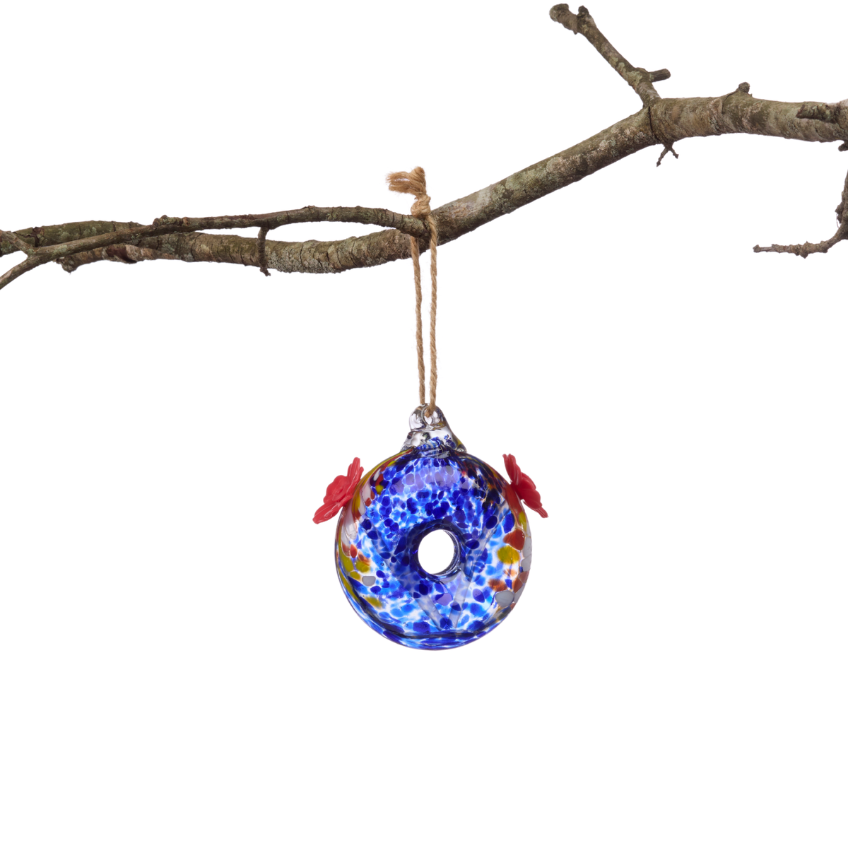 Round Blue Art Glass Double Hummingbird Feeder