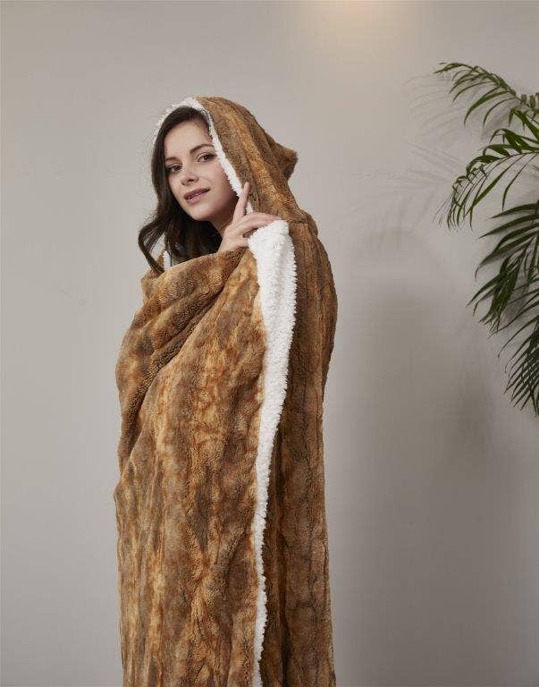 "Cedar Bark" Faux Fur Plush Hooded Throw Blanket