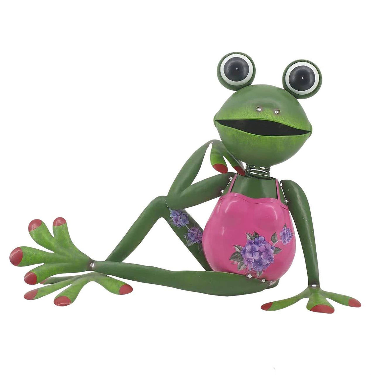 Outdoor Metal Frog Statue Wearing Pink Swimwear Lounging