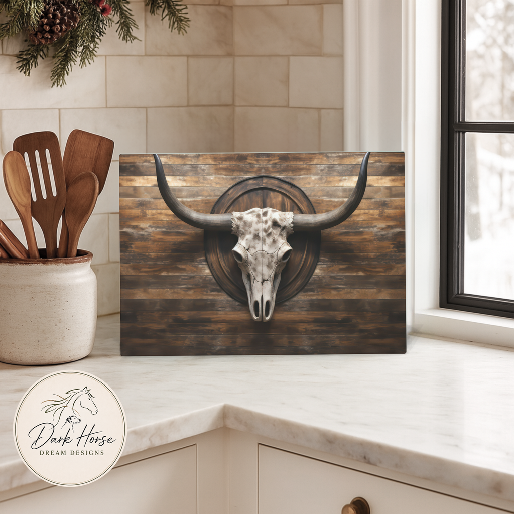 3D Mounted Bull Skull - Western Style - Glass Cutting Board