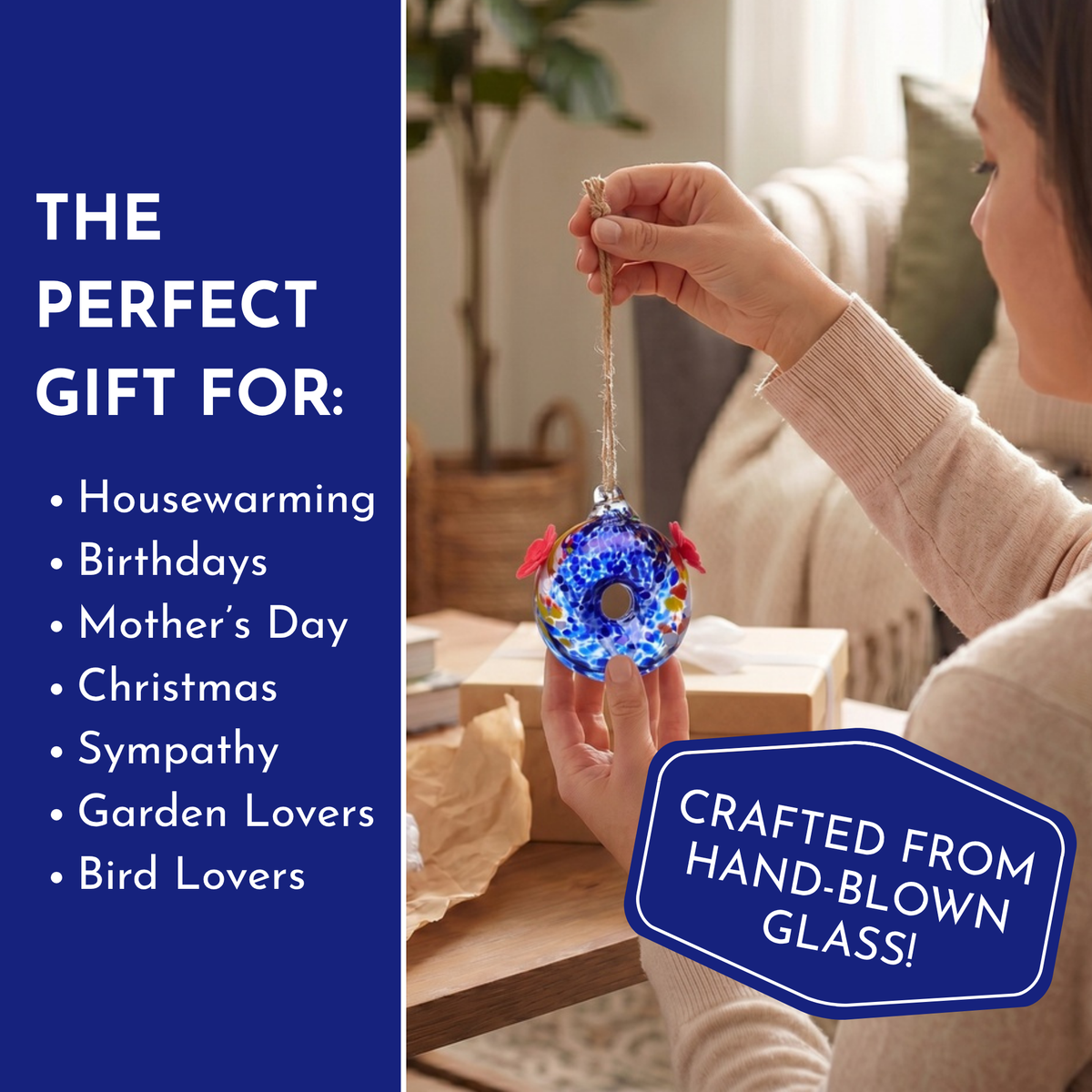 Round Blue Art Glass Double Hummingbird Feeder