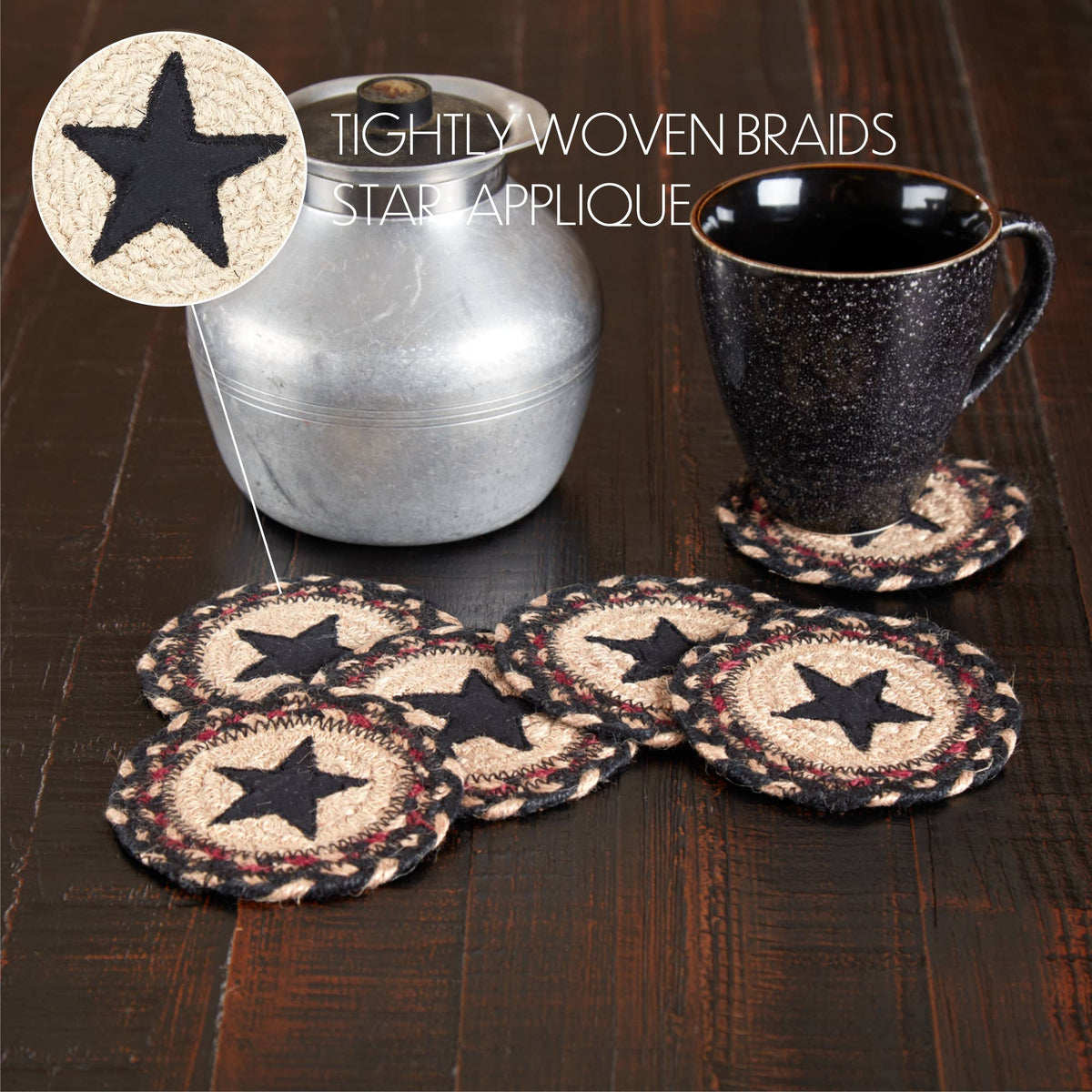 Star Braided Jute Coasters 4" Set of 6 Colonial Star