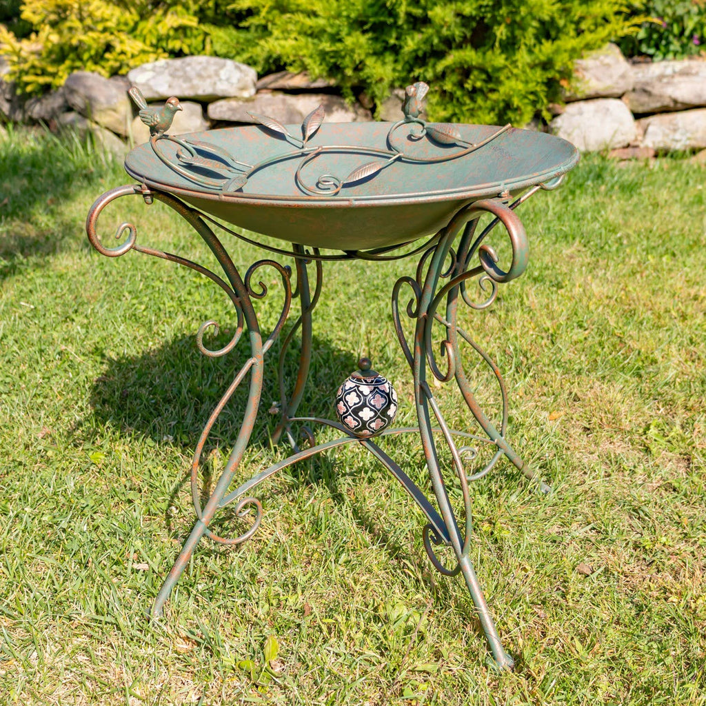 “Rome 1945” 23" Tall Iron Birdbath with Porcelain Accent: Cobalt Blue