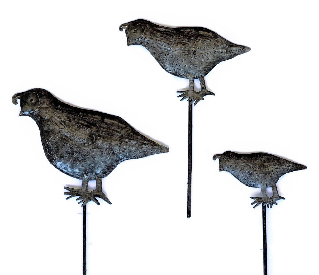 Haitian Metal Quail Garden Stakes – Set of 3: Facing Left