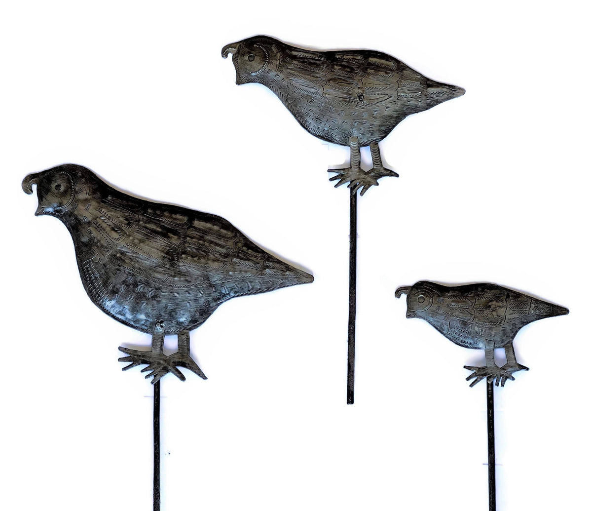 Haitian Metal Quail Garden Stakes – Set of 3: Facing Left