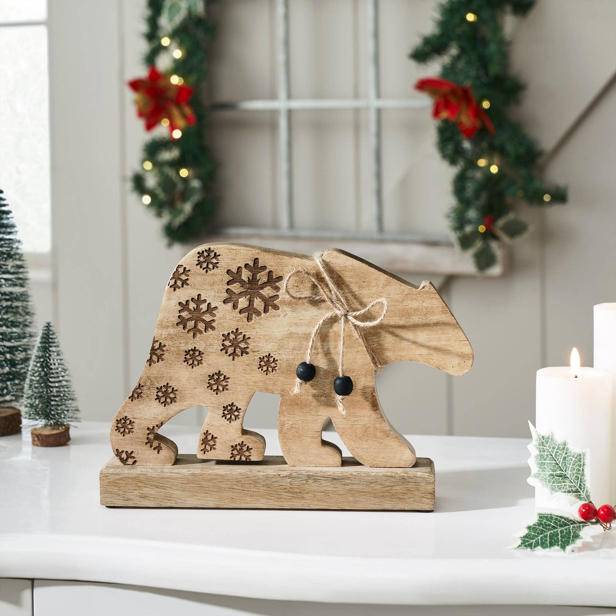 Natural Wooden Snowflake Bear 7x10x2