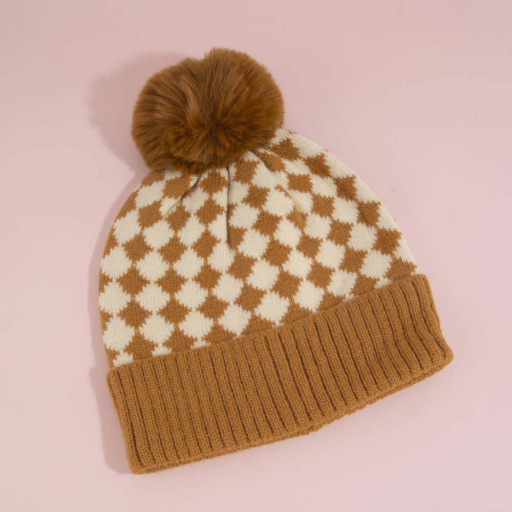 Checkerboard Print Pom Pom Knit Beanie Hat