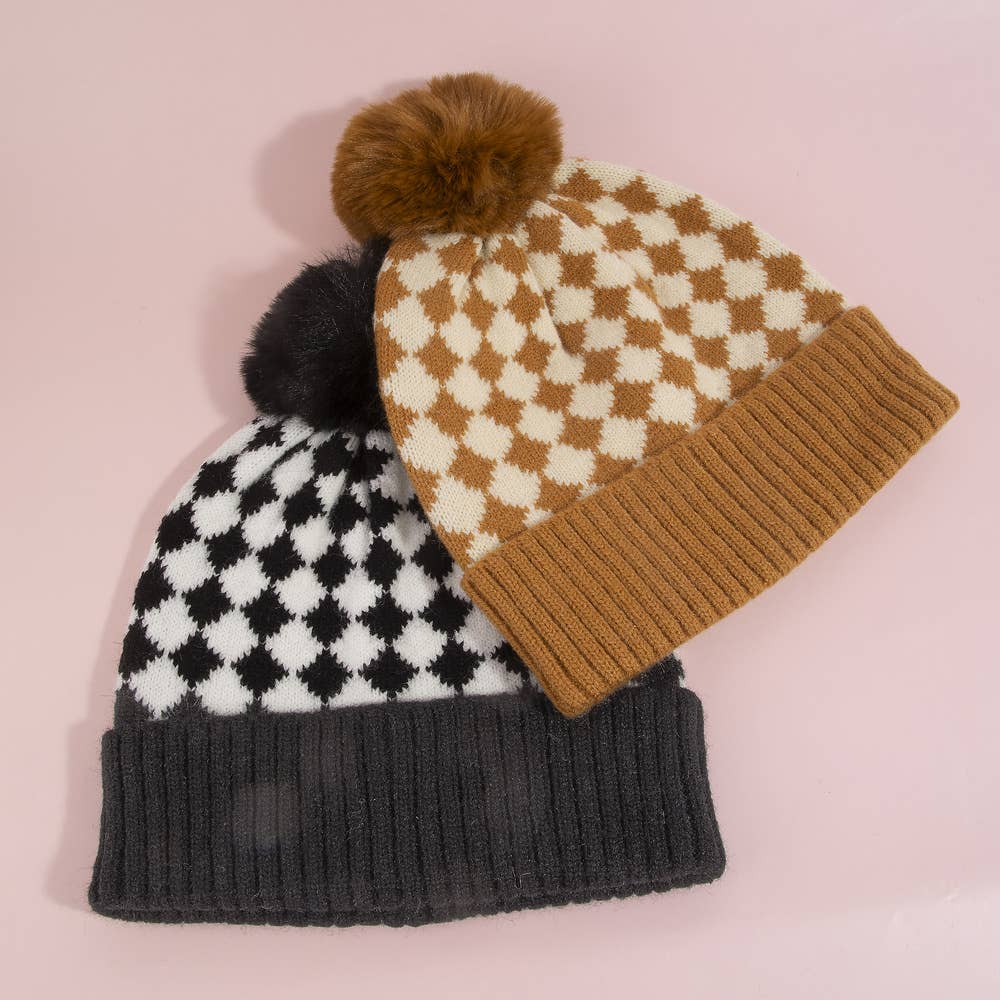 Checkerboard Print Pom Pom Knit Beanie Hat
