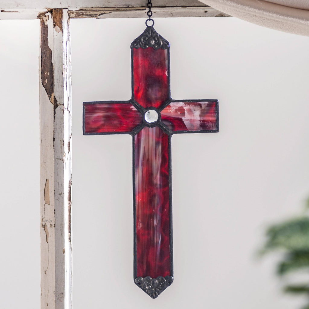J Devlin Red Opal Stained Glass Cross Ornament