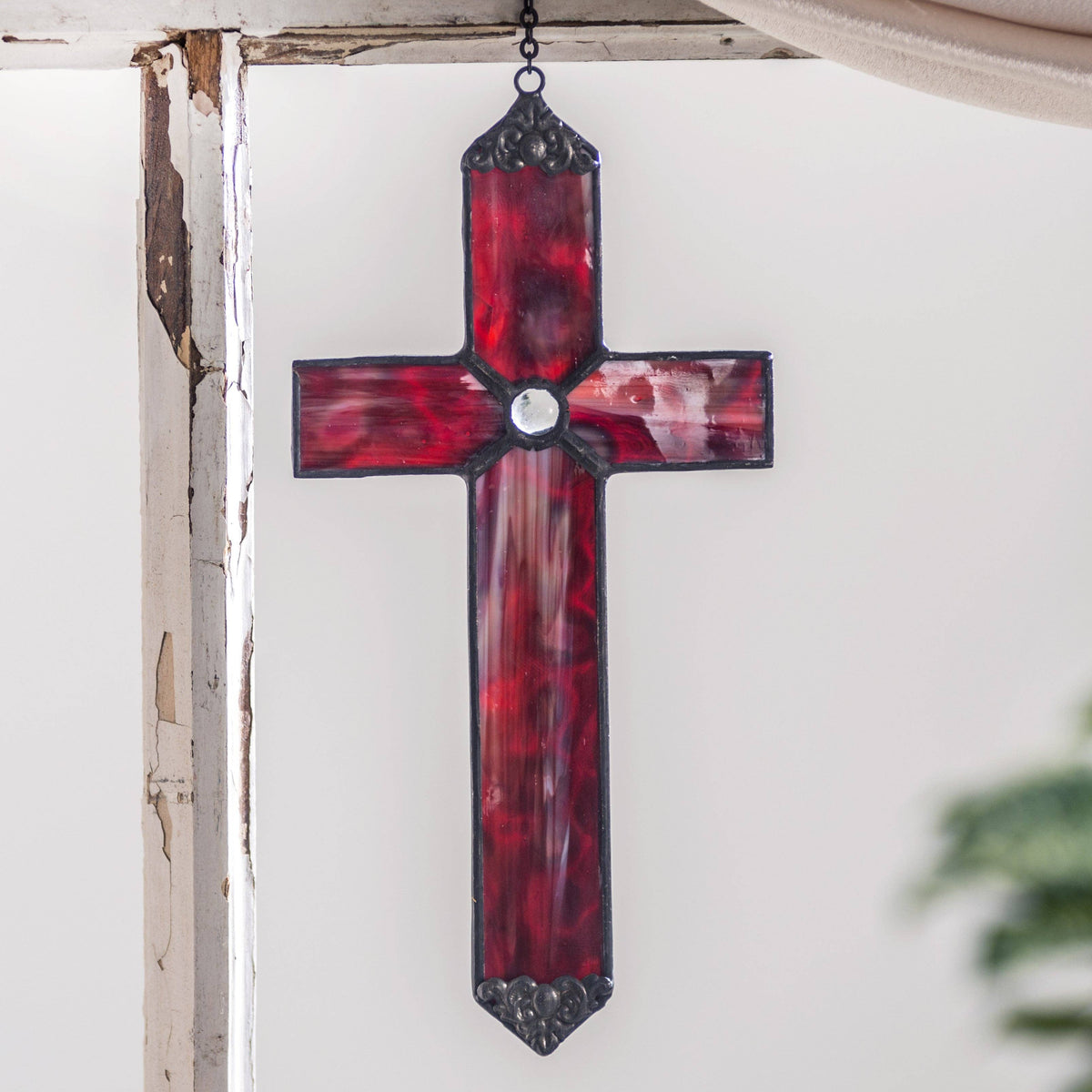 J Devlin Red Opal Stained Glass Cross Ornament