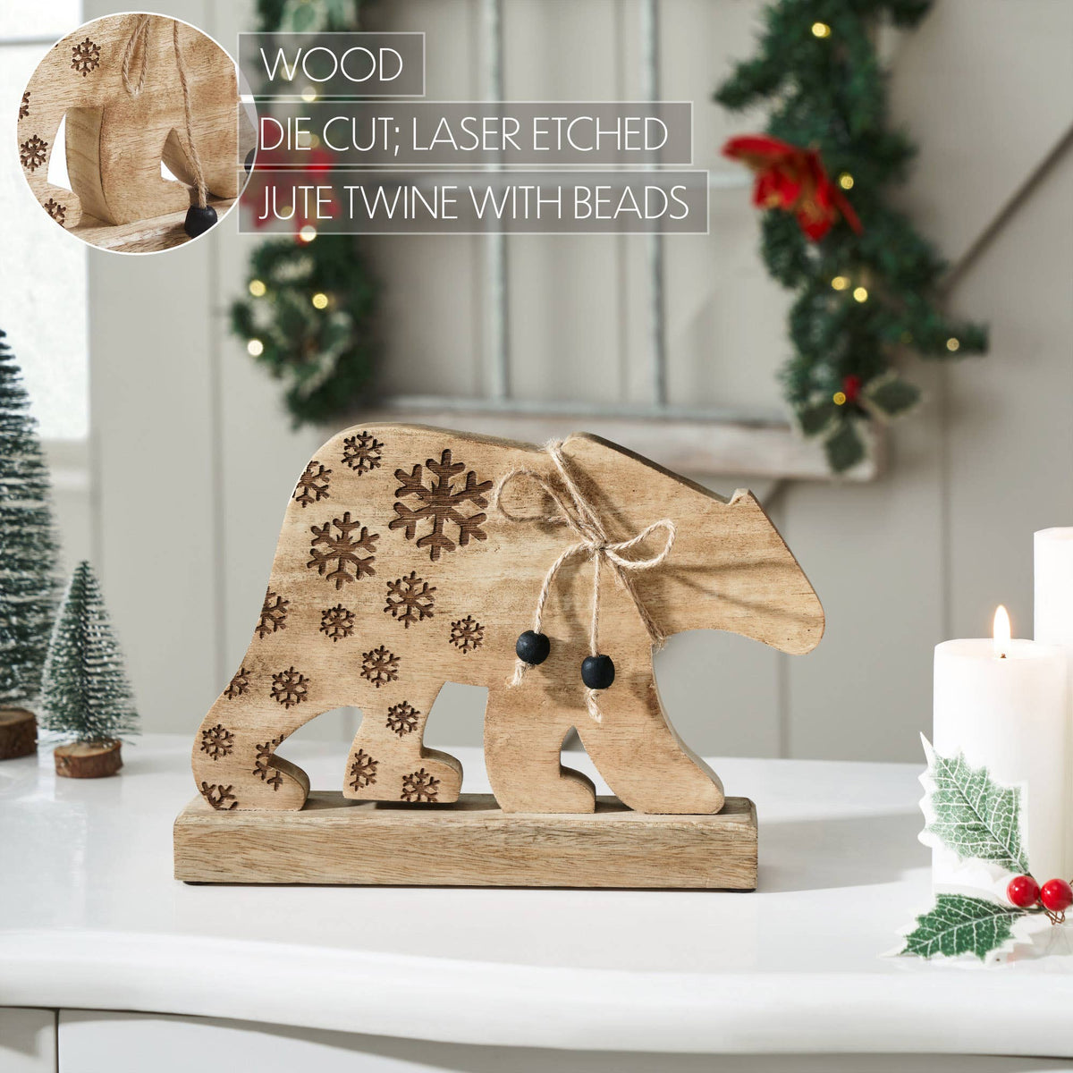 Natural Wooden Snowflake Bear 7x10x2
