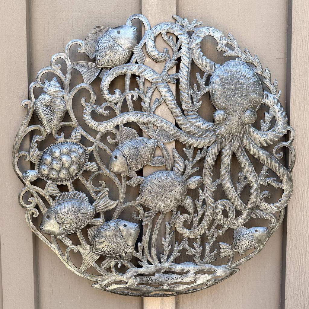Large Haitian Sea Life Metal Wall Art Octopus Turtle Fish 