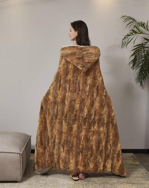 "Cedar Bark" Faux Fur Plush Hooded Throw Blanket
