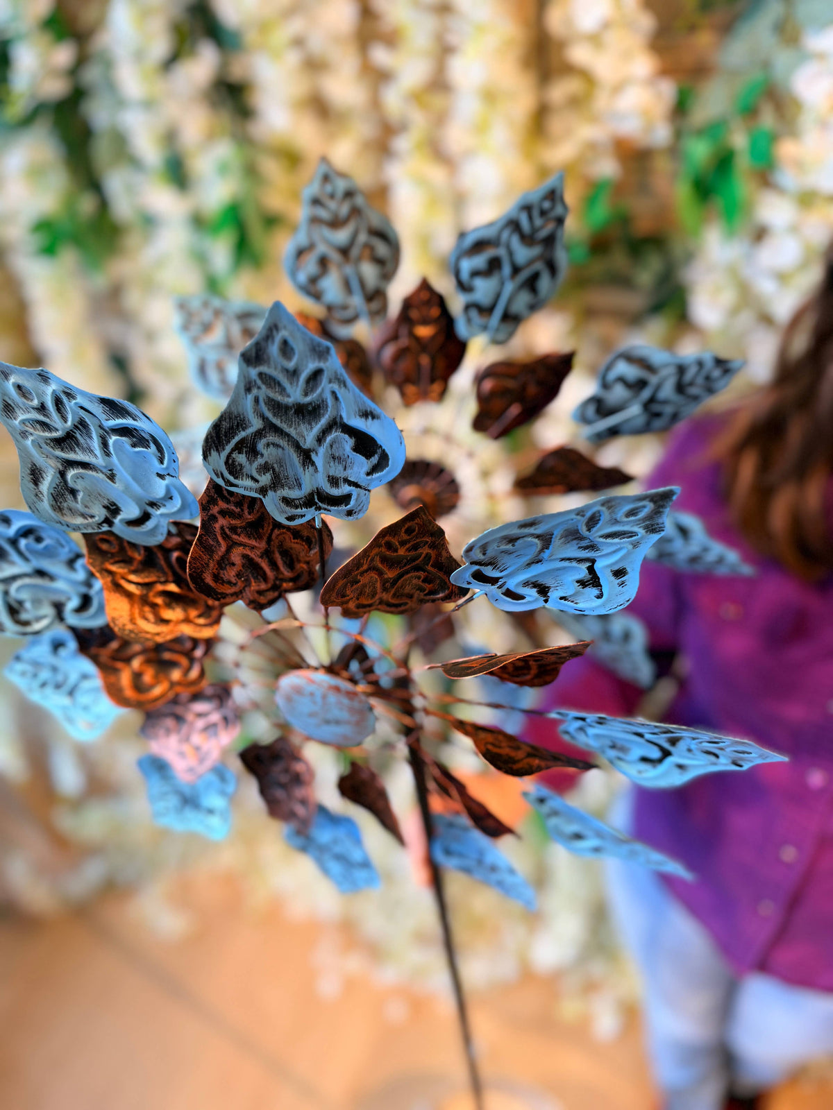 Kinetic Copper and Blue Wind Spinner Garden Stakes: Notch
