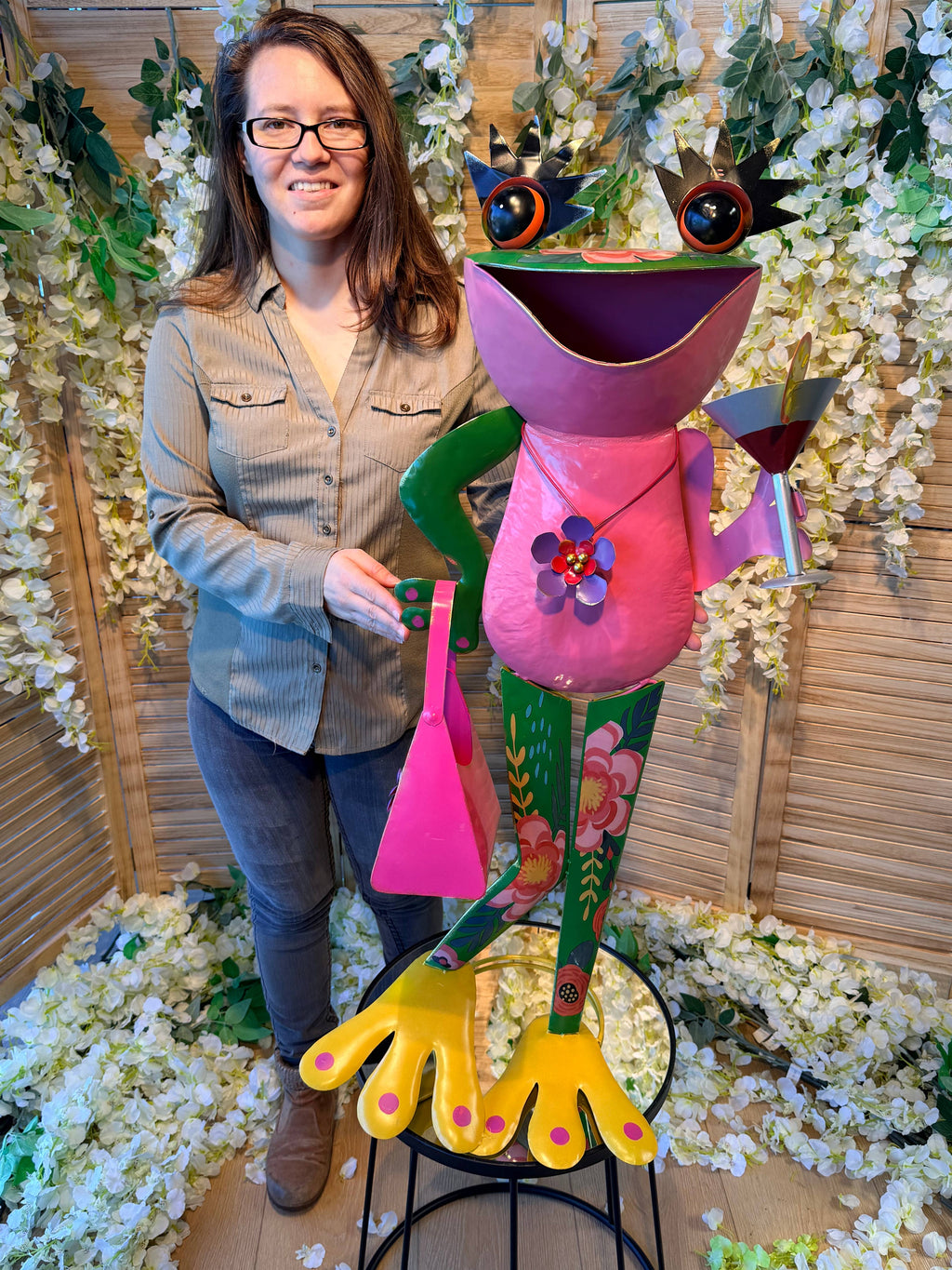 Outdoor Frog Ornament - Enamel Metal - Floral