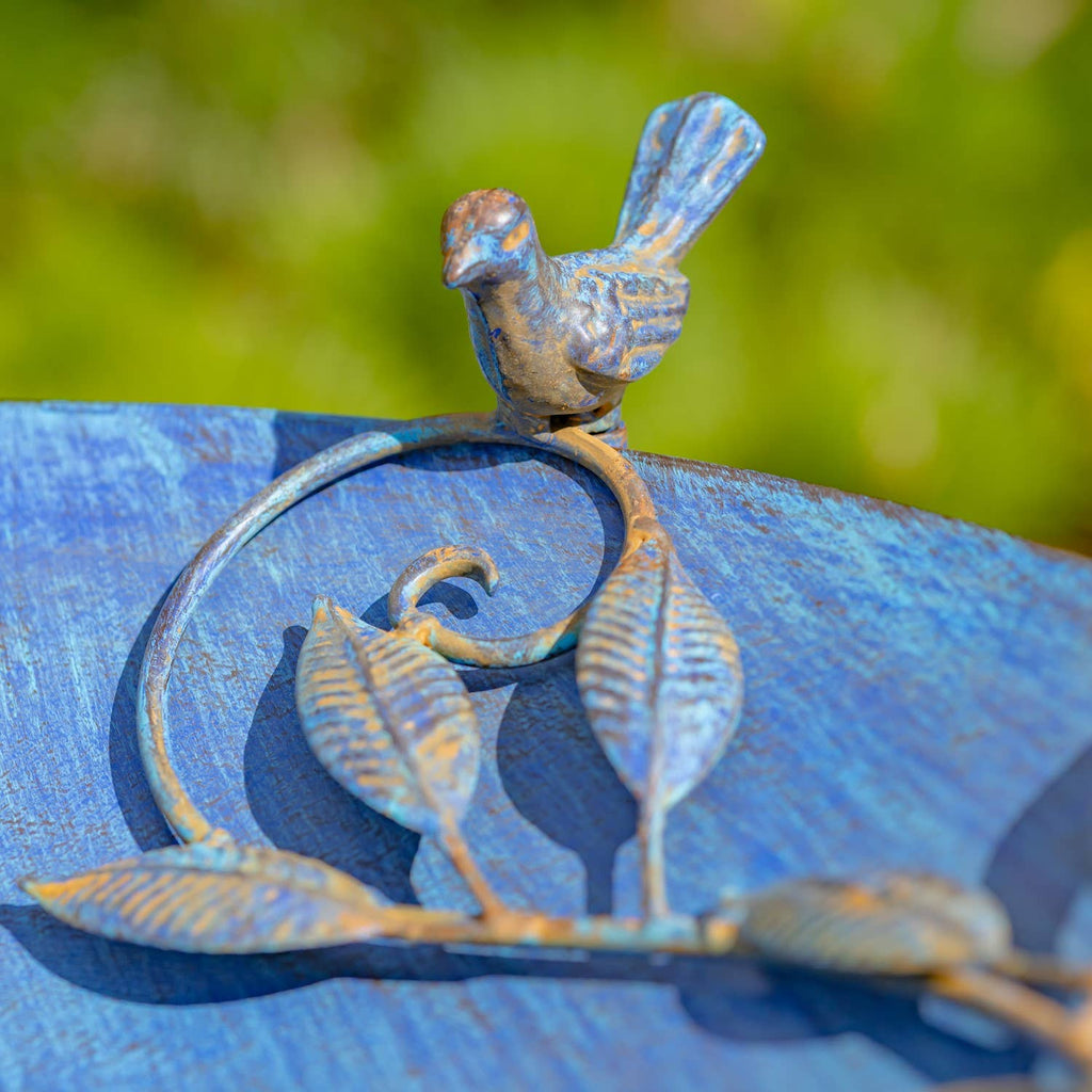“Rome 1945” 23" Tall Iron Birdbath with Porcelain Accent: Cobalt Blue
