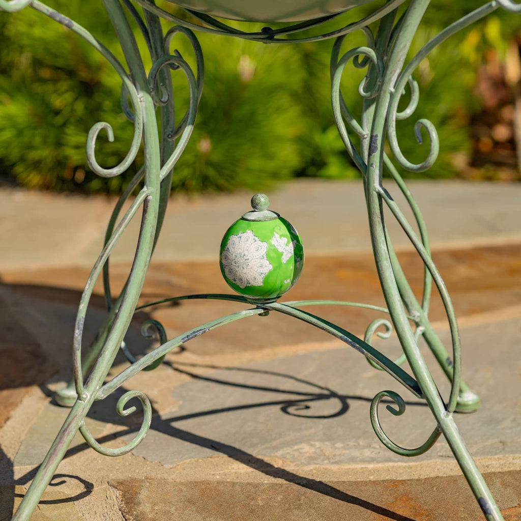 “Rome 1945” 23" Tall Iron Birdbath with Porcelain Accent: Cobalt Blue
