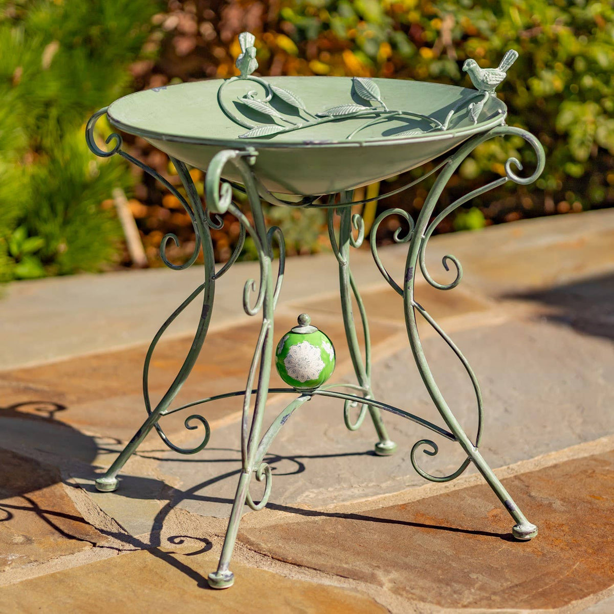 “Rome 1945” 23" Tall Iron Birdbath with Porcelain Accent: Cobalt Blue