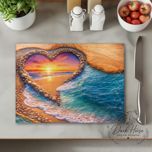 Artistic Beach Scene - Sand and Wood - Glass Cutting Board