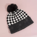 Checkerboard Print Pom Pom Knit Beanie Hat