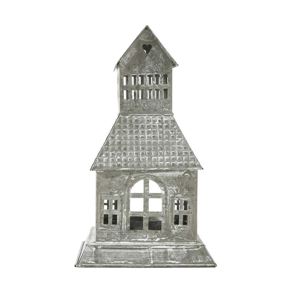 Metal Village House Tealight Holder Tall 9.5" Antique Grey