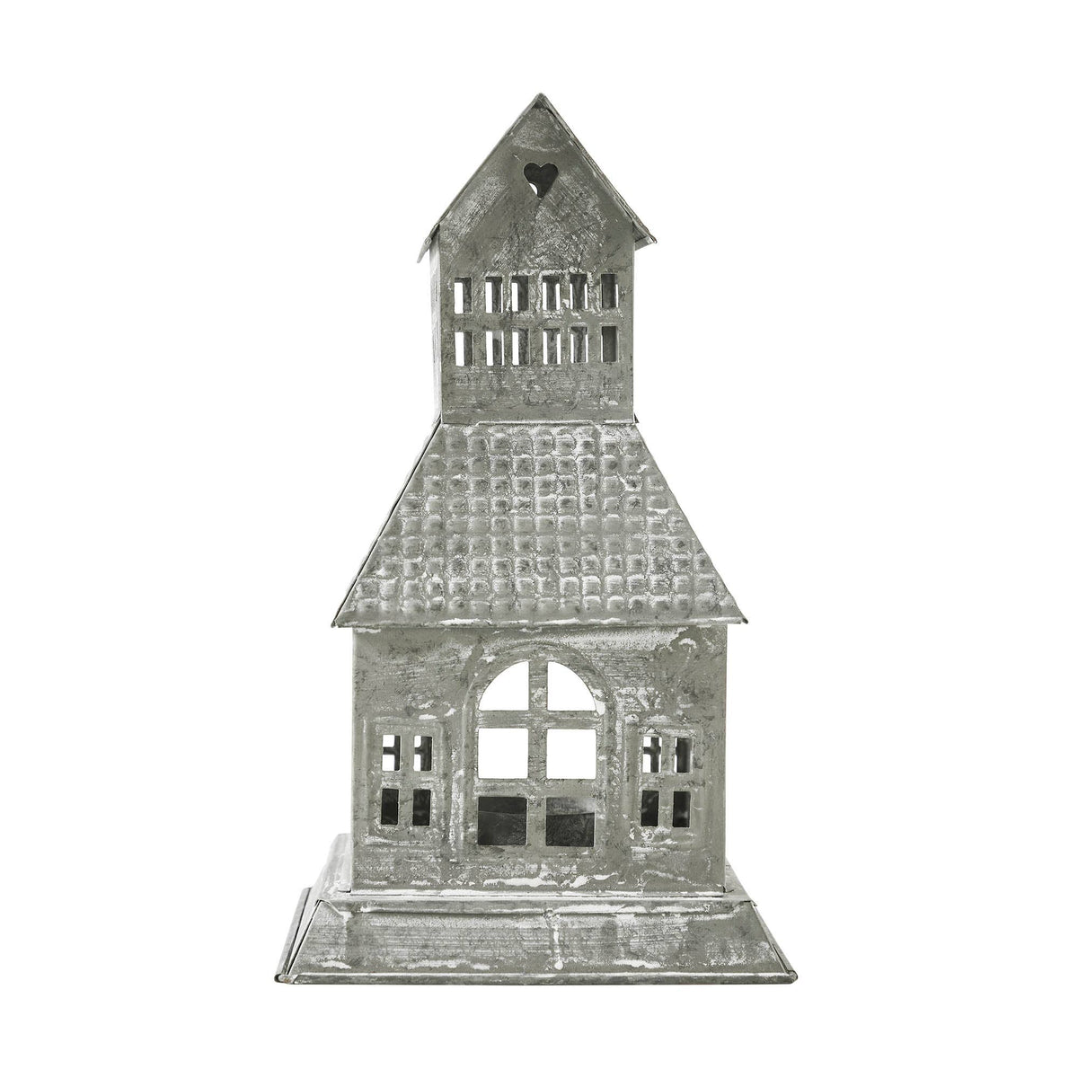 Metal Village House Tealight Holder Tall 9.5" Antique Grey