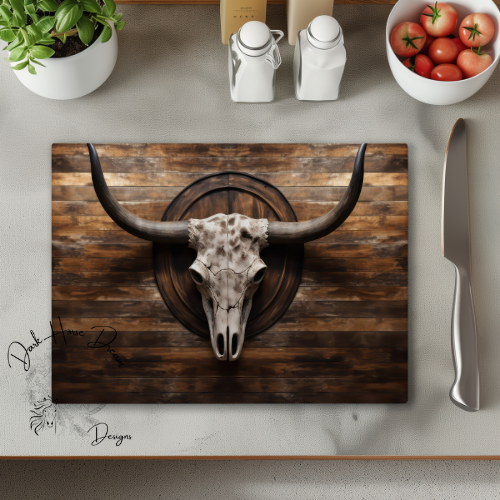 3D Mounted Bull Skull - Western Style - Glass Cutting Board