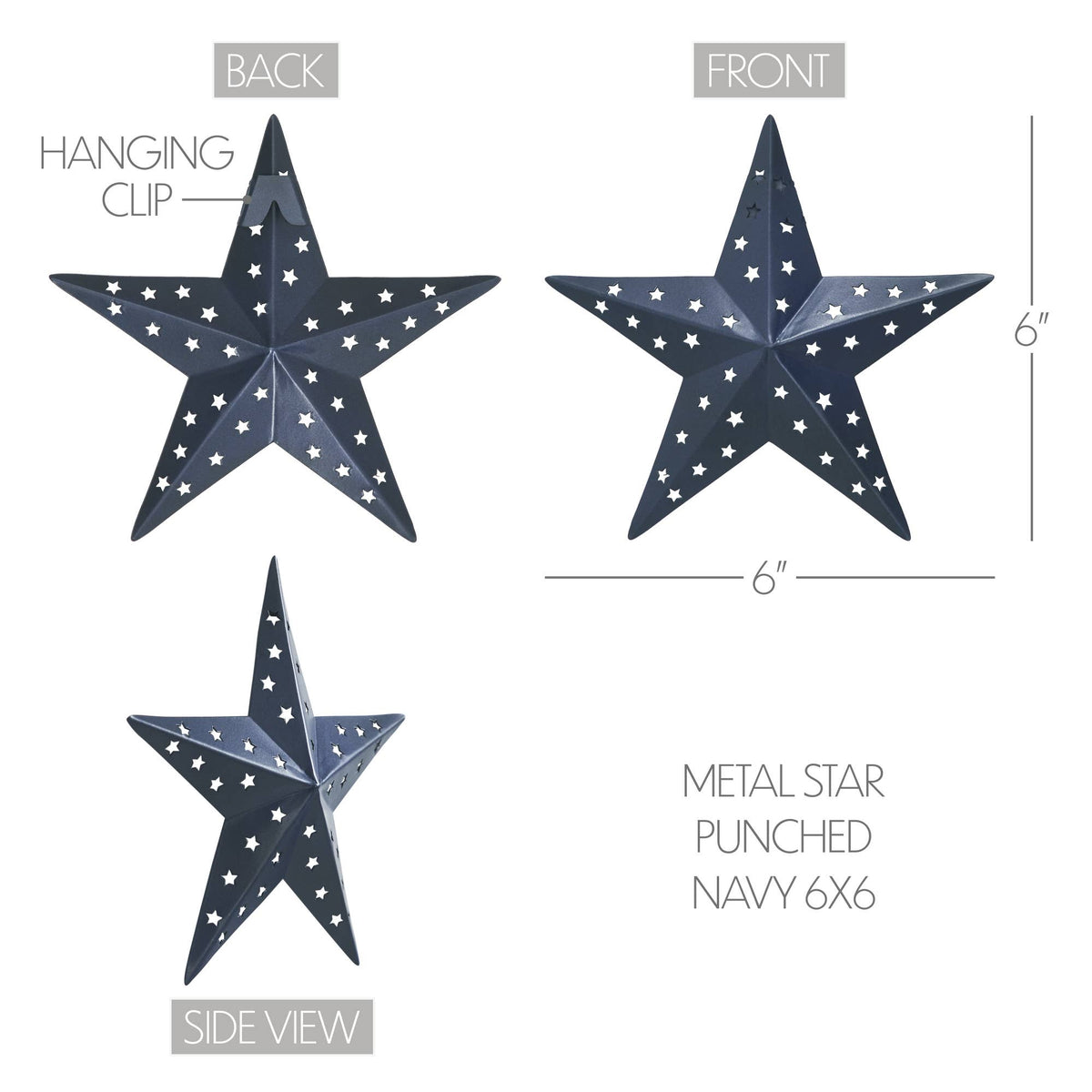 Navy punched metal star, 6 by 6 inches