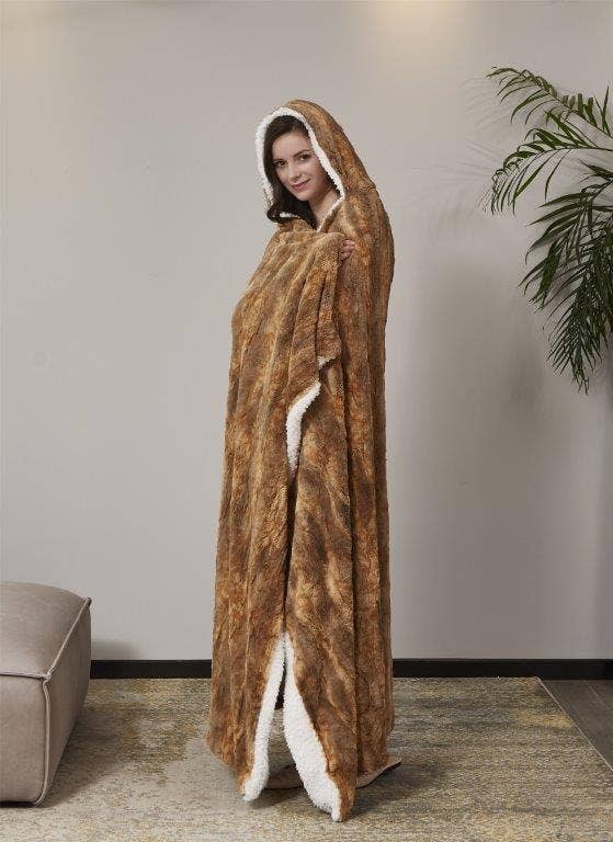 "Cedar Bark" Faux Fur Plush Hooded Throw Blanket