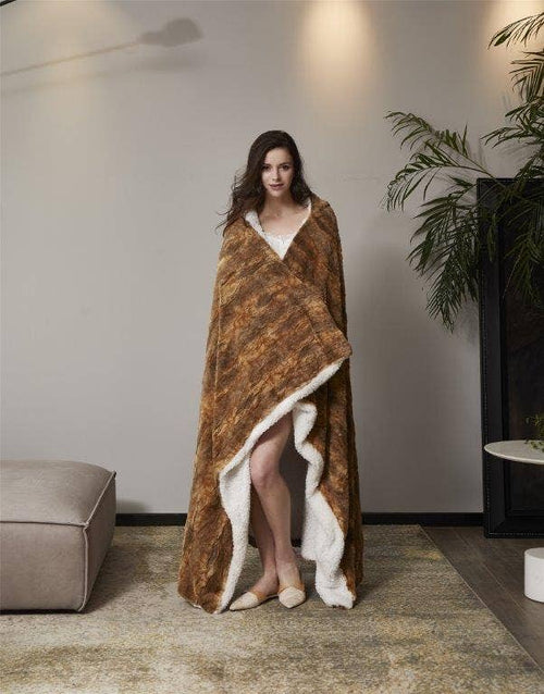 "Cedar Bark" Faux Fur Plush Hooded Throw Blanket