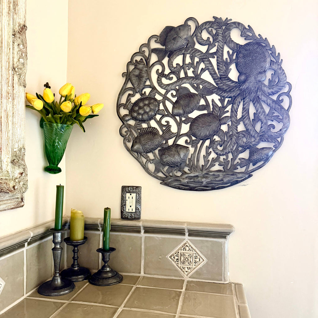 Large Haitian Sea Life Metal Wall Art Octopus Turtle Fish 