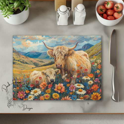 Mom and Baby Highland Cow in Garden - Glass Cutting Board