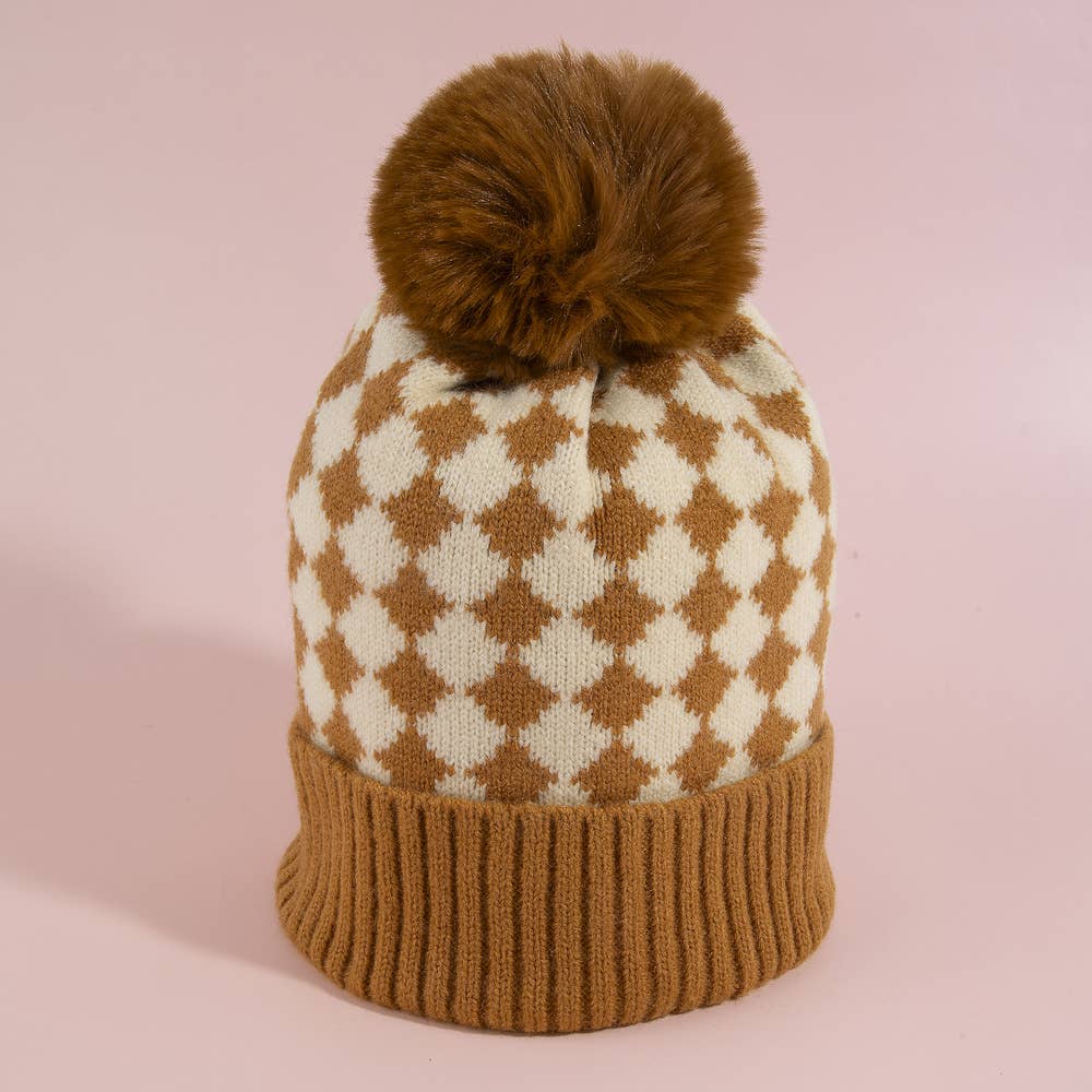 Checkerboard Print Pom Pom Knit Beanie Hat