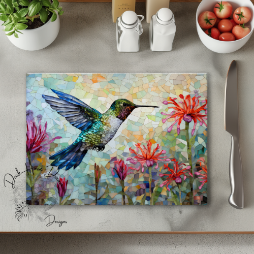 Watercolor Stained Glass Hummingbird - Glass Cutting Board