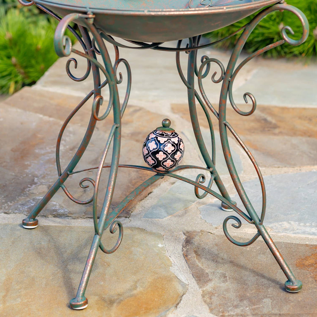 “Rome 1945” 23" Tall Iron Birdbath with Porcelain Accent: Cobalt Blue