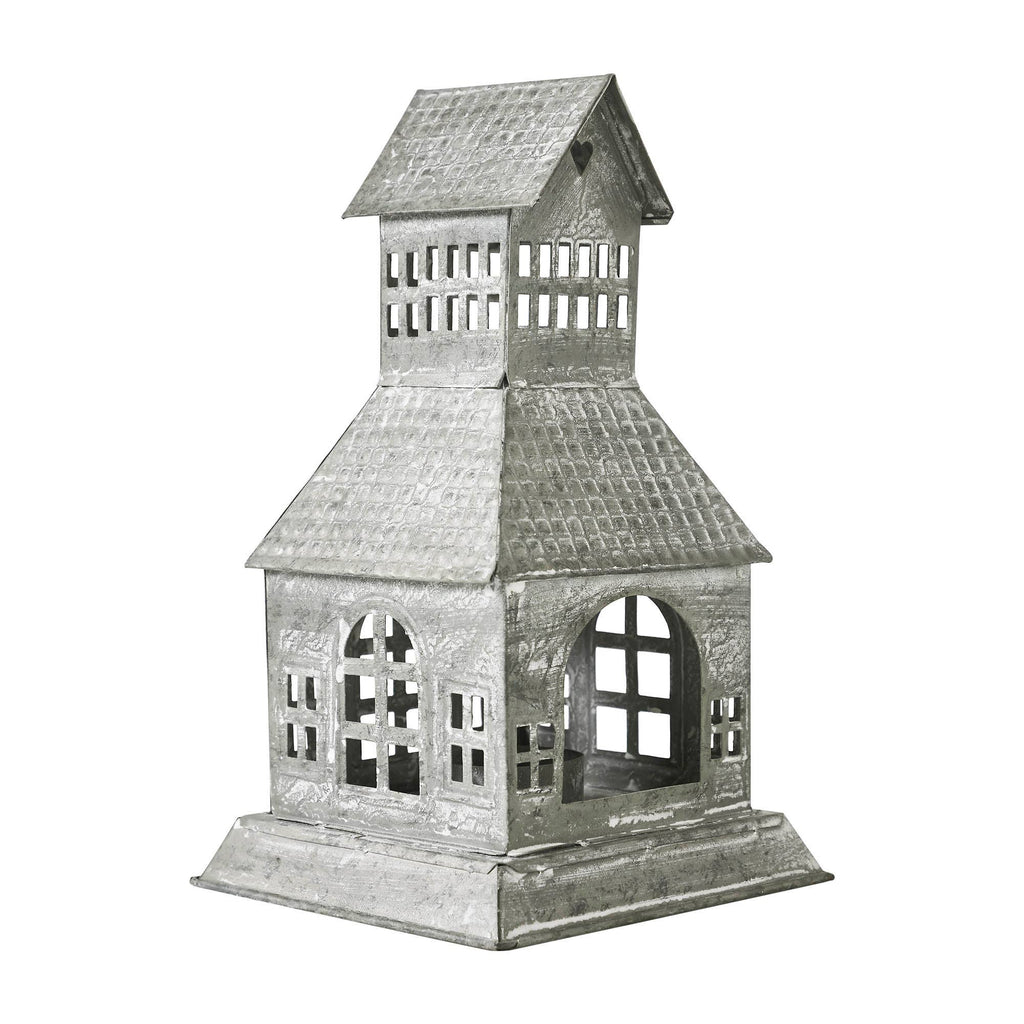 Metal Village House Tealight Holder Tall 9.5" Antique Grey