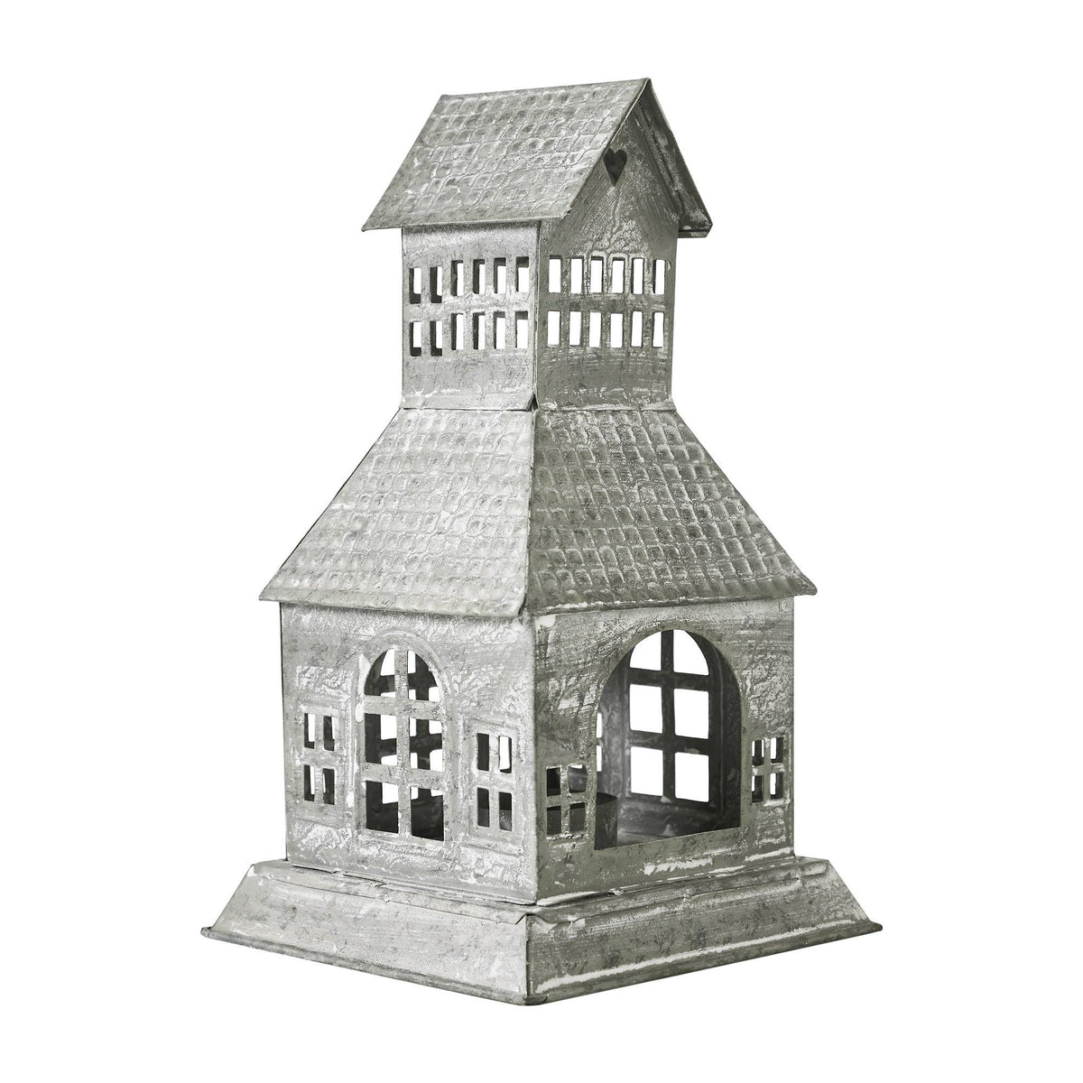 Metal Village House Tealight Holder Tall 9.5" Antique Grey