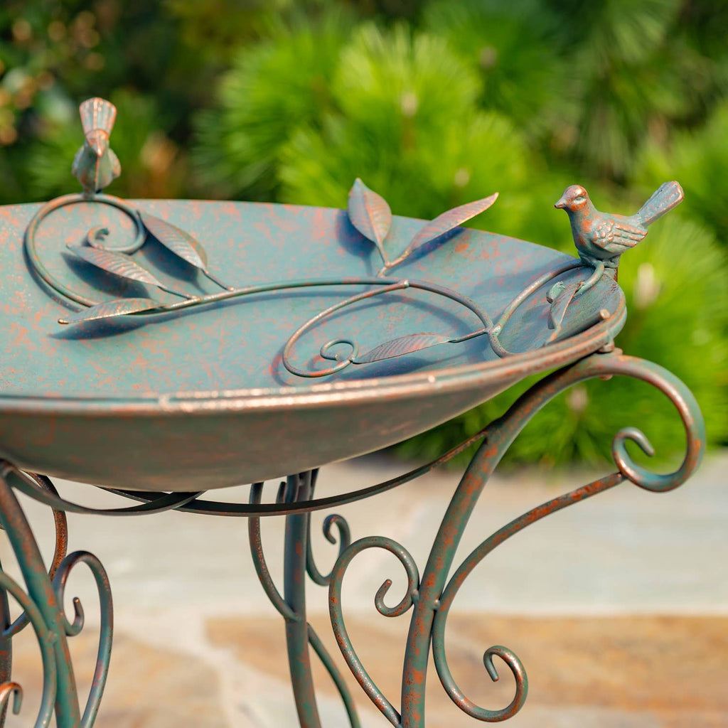 “Rome 1945” 23" Tall Iron Birdbath with Porcelain Accent: Cobalt Blue