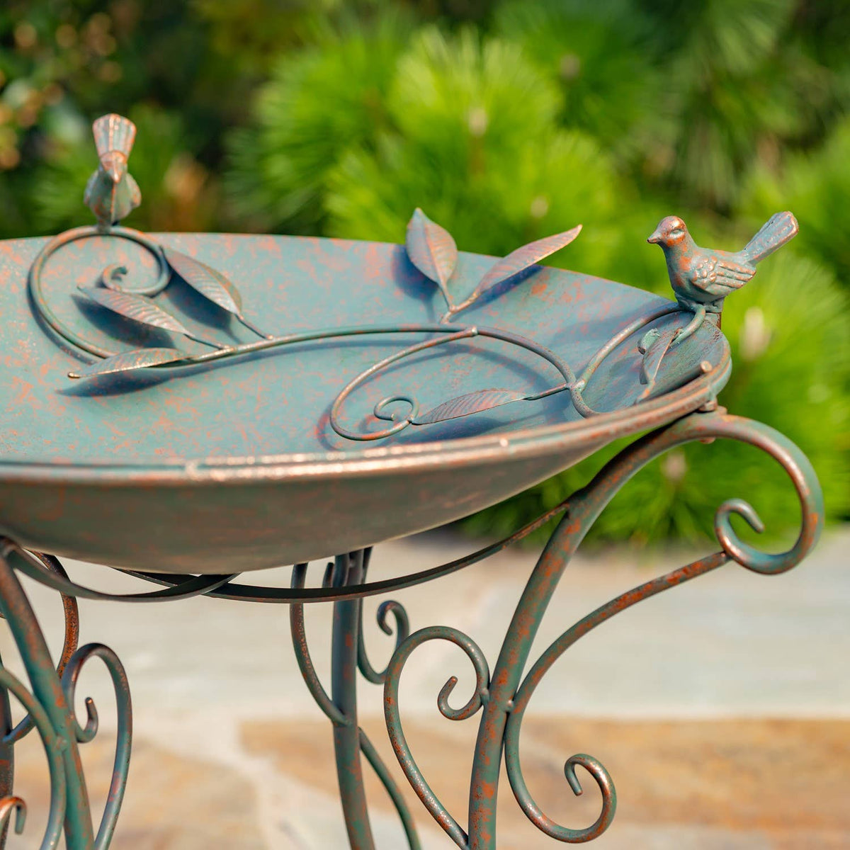 “Rome 1945” 23" Tall Iron Birdbath with Porcelain Accent: Cobalt Blue
