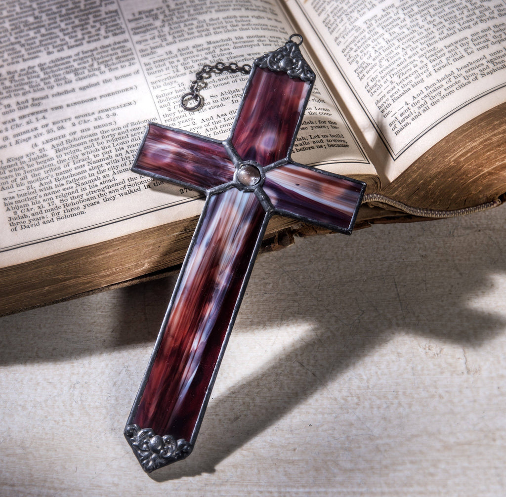 J Devlin Red Opal Stained Glass Cross Ornament